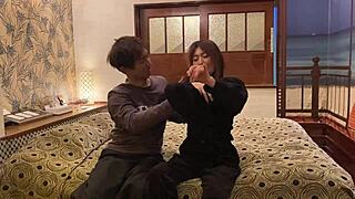 asian married woman in halloween costume deepthroats and gets raw creampie