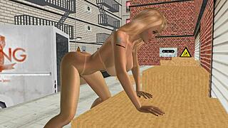 एनिमेटेड 3डी सीन में खूबसूरत बड़ी छातियों वाली औरत गाजर से मजा लेती है।