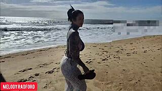 Big-chested beauty walks solo seaside