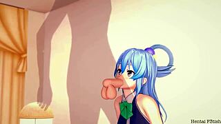 Konosuba aqua takes a full load of jizz in a pov creampie blowjob fuck in the living room