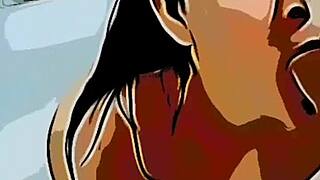 Cartoon intern on vacation agrees to date professor for cash. He finishes in her mouth with a wild climax.