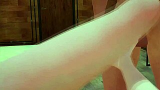 Hentai girl with blue hair sucks cock for blowjob then gives foot job before anal assfucking