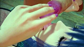 Hentai girl with blue hair sucks cock for blowjob then gives foot job before anal assfucking