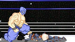 belly punch hits that cute hot japanese ninja girl during intense wrestling match