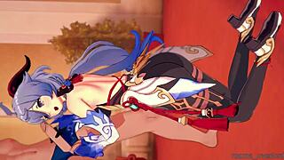 गैन्यू 3डी लेगिंग्स में हैंडजॉब और बूबजॉब देती है। बर्थडे सीन में टिट्स एक्शन।