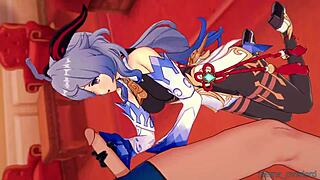 गैन्यू 3डी लेगिंग्स में हैंडजॉब और बूबजॉब देती है। बर्थडे सीन में टिट्स एक्शन।