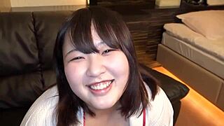 Uncensored Japanese black hair chubby girl with big tits gives titjob and creampie