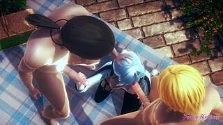 गेनशिन इंपैक्ट हेंटाई यूला थ्रीसम ब्लोजॉब में टिट्स और मुंह में कम