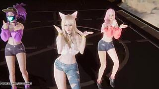 Mmd unis - curious Ahri Akali Seraphine perform hot K-pop dance in League of Legends uncensored hentai