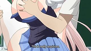 Anime duo engages in intense romance in the classroom setting.