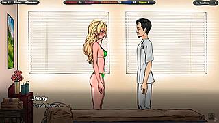 He spread her cheeks and stuck his fingers into her pussy in this hentai game.