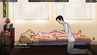 an excited masseur caresses the breasts of an innocent girl in hentai game