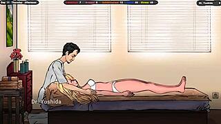 an excited masseur caresses the breasts of an innocent girl in hentai game