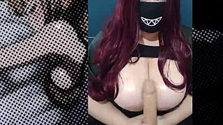 chubby goth girl toys with big dildo watching hentai