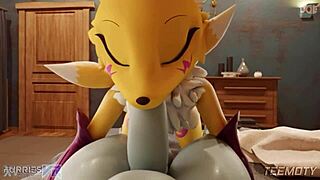 Renamon slurps huge furry cock pov blowjob nipples tits monster deepthroat