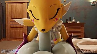 Renamon slurps huge furry cock pov blowjob nipples tits monster deepthroat