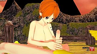 Luffy catches Nami's eye in the One Piece world, leading to her handjob tease and deep missionary pounding in uncensored Japanese anime game porn