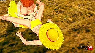 Luffy catches Nami's eye in the One Piece world, leading to her handjob tease and deep missionary pounding in uncensored Japanese anime game porn
