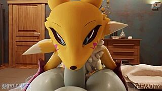 Renamon slurps huge furry cock pov blowjob nipples tits monster deepthroat