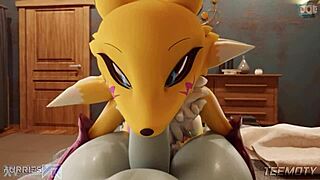 Renamon slurps huge furry cock pov blowjob nipples tits monster deepthroat