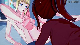 knock knock, blonde anime babe opens up to her busty redhead friend for licking, tribbing and pussy fun