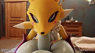 Renamon slurps huge furry cock pov blowjob nipples tits monster deepthroat