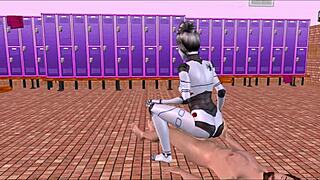 damn, this sexy sexbot poses hot then rides dick reverse cowgirl