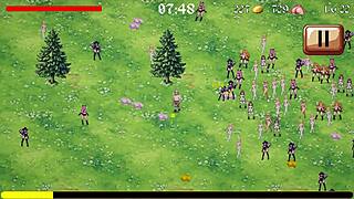 Virgin warrior knight in hentai game saves big cock first time for sexy lady but faces femdom gangbang creampie